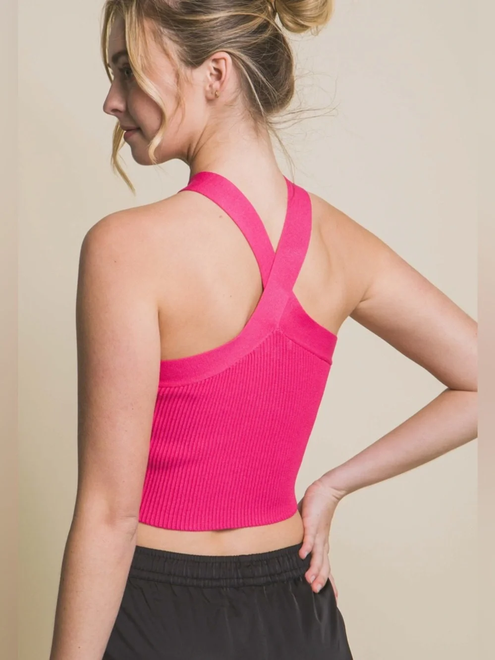 Allie Rose Hot Pink Ribbed Cross-Neck Crop Top Barbiecore - Picture 2 of 5